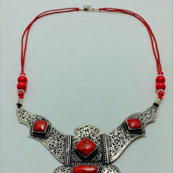 Red Tibetan Coral Gemstone Handmade Necklace,Beaded Chain Nepalese Style Necklac - Picture 7 of 10
